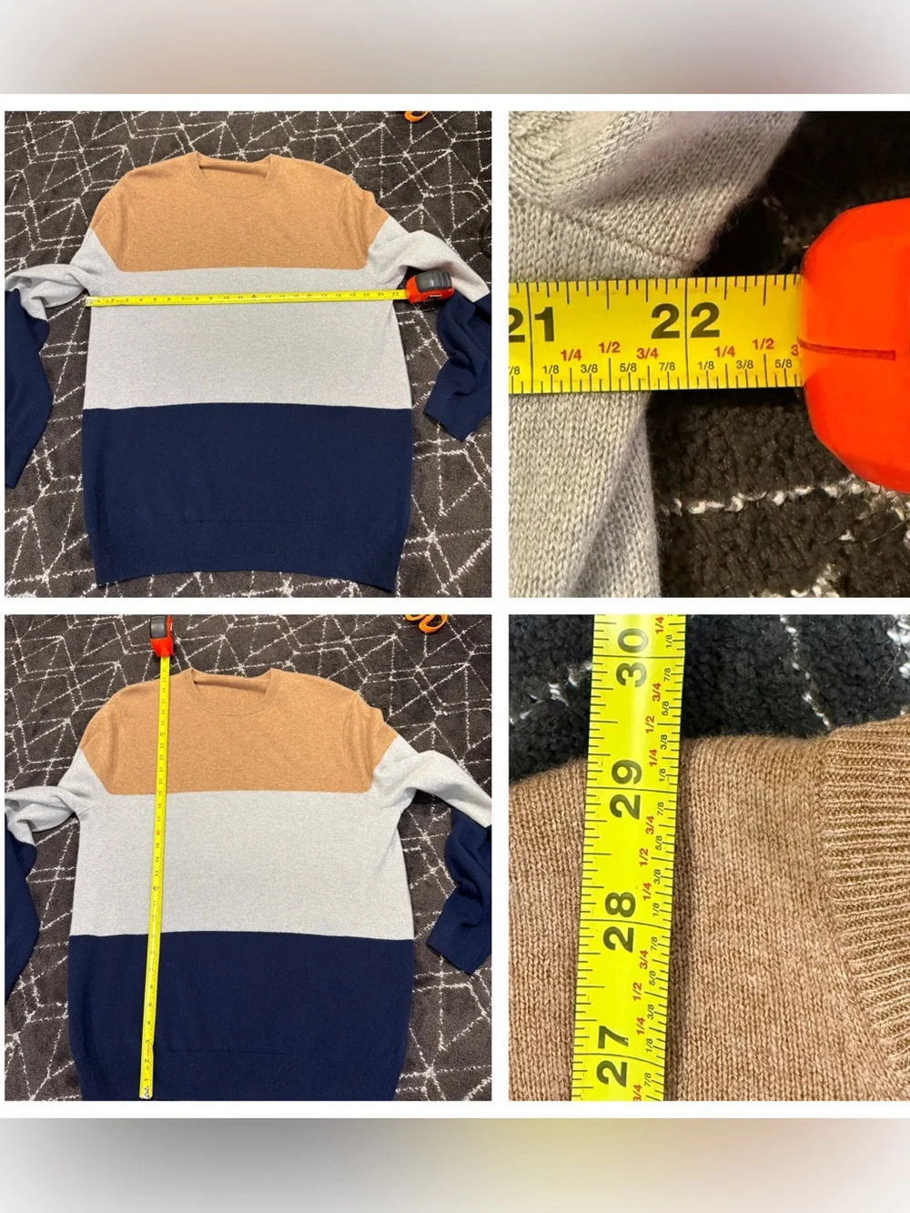 J.Crew 100% Cashmere Colorblock Crewneck Sweater (Camel / Heather Grey / Navy)